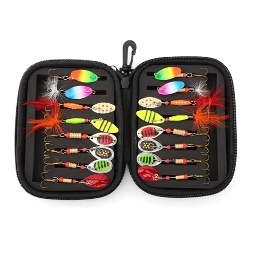 16pcs Fishing Lures Spinner Baits, Trout Bass Salmon Lures Kit, Metal Bass Trout Spinner Lure Baits with Portable Carry Bag for Freshwater Saltwater, Fishing Gifts for Men