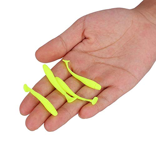 Tbest 50 Pcs 5cm Soft Fishing Lures, Plastic Fishing Bait T-Tail Grub Worm Baits Fish Tackle Accessory 9 Colors - color: Yellow