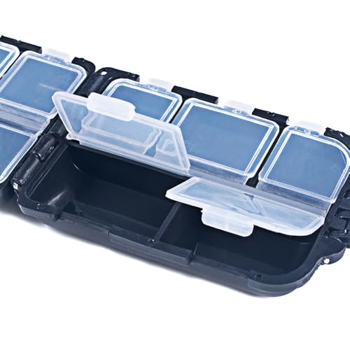 10 Compartments Fishing Tackle Storage Box,Portable Hard Fishing Tackle Case,Small Durable Containers for Storing Hooks Lure Baits Jigs Swivels and Sinker(Black)