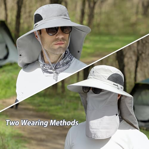 ALANDUO Wide Brim XXL Sun Hats for Men Big Head, UPF 50+ Fishing Sun Hat with Neck Face Flap, Safari Boonie Hat for Men Women - color: Light Grey