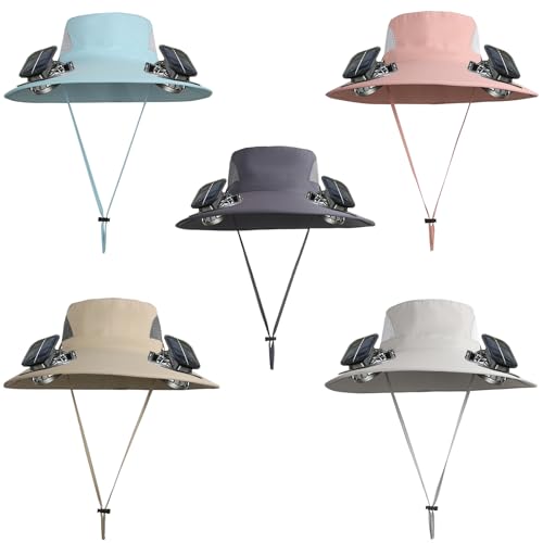 Solar Powered Fan Hat with 2 Fans, Wide Brim Sun Hat for Men Women, Adjustable Cooling Fishing Hat for Outdoor - color: Khaki