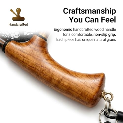 Floating Handcrafted Bamboo Fly Fishing Landing Net, Solid Wood Handle, Soft Rubber Coated Mesh for Trout, Kayak & Stream Fishing, Includes Magnetic Release & Safety Lanyard - size: Large, style: Curved Handlebar
