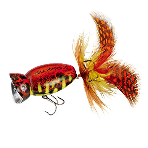 Arbogast Hula Popper 2.0 Topwater Fishing Lure with Feathered Treble Hook and Crackle Pattern Body - color: Coach Hog