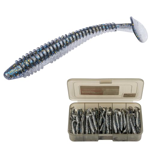 Paddle Tail Swimbaits 100/80/50PCS, 5/4/3/2 inch Soft Fishing Lures Bulk Pack – Durable Lifelike Action Lures for Bass, Trout, Crappie – Freshwater & Saltwater Fishing Gifts - color: Silver Blue, size: 3in, 100pcs