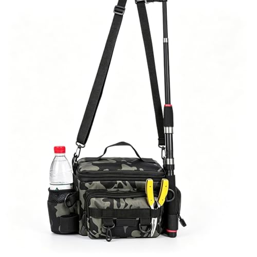 Portable Oxford Fishing Gear Bag, Water Resistant Multi-pocket Storage Backpack with Rod Holder and Adjustable Shoulder Strap for Outdoor Fishing