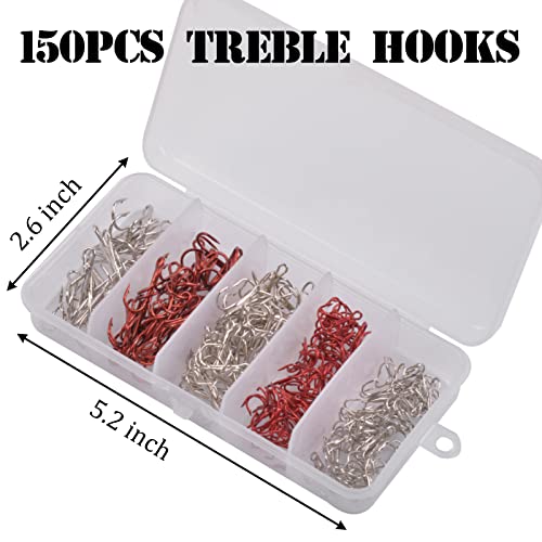 Fishing Treble Hooks Kit, Sharp Replacement Treble Hooks for Lures Baits, High Carbon Steel Fishing Hooks with Stainless Steel Split Rings Set for Bass Trout Walleye Pike - color: Red+Silver_150pcs