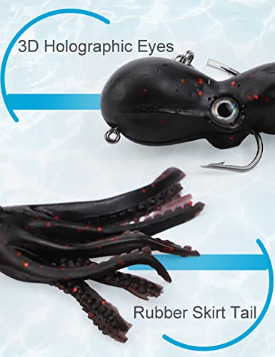 Octopus Swimbait Soft Fishing Lure with Skirt Tail - 3D Realistic Squid Bait Durable TPE Squid Jig Lingcod Rockfish Jigs for Saltwater Ocean Fishing, 5Pcs/Pack