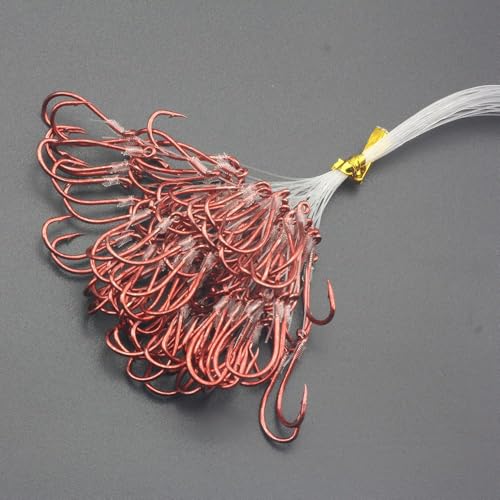 50pcs/Bag Premium Snelled Fishing Hooks Set, Red Coated Double Hook Design with Twin Uni Knot, Pre-Tied Clear Leader Line