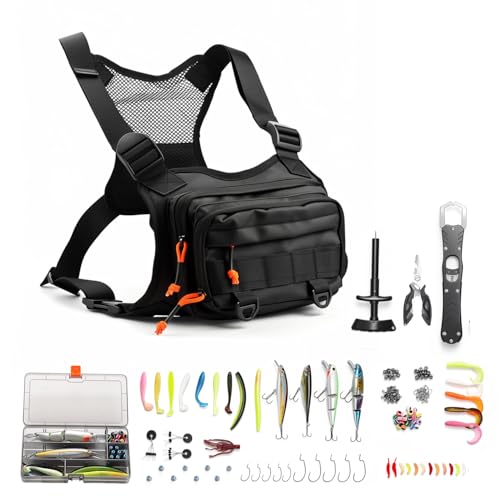 All in One Fishing Chest Pack Tackle Bag with Tackle Box, Fishing Lures Kit, Hook Remover Tool, Fish Lip Gripper, Fishing Plier Friendly for Beginners & Professional Anglers Gifts for Men (Black) - color: Black