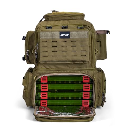 Goture Fishing Backpack with 4 Tackle Boxes, 53L 600D Water-Resistant Tackle Backpack with Cooler,Rod Holders, 8 Lure Pockets, Rain Cover, Large Fishing Bag Storage Gear Tackle Bag for Camping Hiking - color: C4:53L Insulated Khaki(With 4 3600 Tackle Boxe