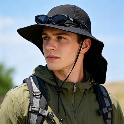 2Pack Sun Hat for Men Women with Neck Flap | UPF 50+ Wide Brim and Ponytail Hole Hiking Fishing Bucket Hat - color: 2pcs-black&gray