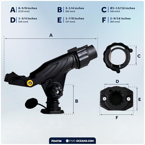 Five Oceans Fishing Rod Holder for Boat with Deck Mount Base, Black, High-Impact Nylon for Boats & Kayaks, Multiple Sizes - style: Large Rod Holder + Spring-loaded Lock Cap Base