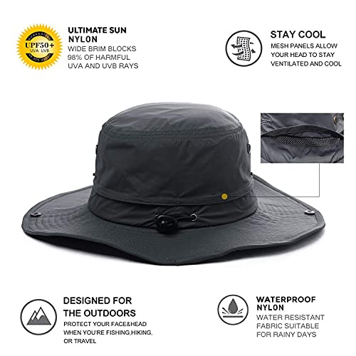 Oversize XL XXL Large Wide Brim Waterproof UPF 50+ Bucket Sun Summer Travel Fishing Hiking Fisherman Hat Detachable Chin - color: 000702_black, size: Medium-Large