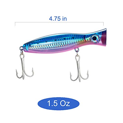 Large Top Water Popper 4.75 in/1.5 oz Lure Artificial Seal Lure 3D Eyes Hard Popper with Hooks and Ring for Saltwater Offshore, Surf Fishing, Bass, Bluefish, Giant Jack - color: Blue