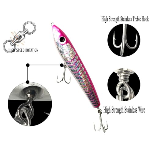 Topwater Pencil Popper Wobbler Hard Stick Baits Handmade Fishing Lure Plug Swimbait with Fishing Treble Hooks Bait Floating Saltwater 4.9OZ - color: black