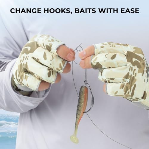 KastKing Agies Fishing Gloves Men, UPF 50+ Sun Gloves UV Protection, Cooling Quick-Dry 3/4 Fingerless Gloves with Extended Cuff, Microfiber Palm & Pull Tabs, for Fishing, Kayaking, Hiking, Hunting - color: X Camo-Neutral, size: Small-Medium