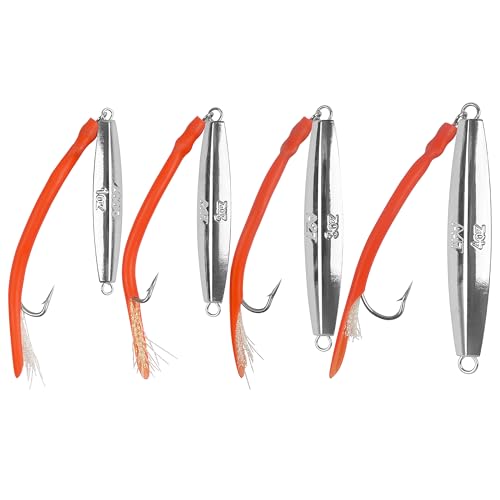 Diamond Jigs Saltwater Fishing Lures, 2Pack Casting Jigging Spoon with Tube Tail Striped Bass Metal Jig Spoons Deep Sea Offshore Surf Fishing 1oz-4oz - size: 2 Ounce, style: Red Tube, 2pack