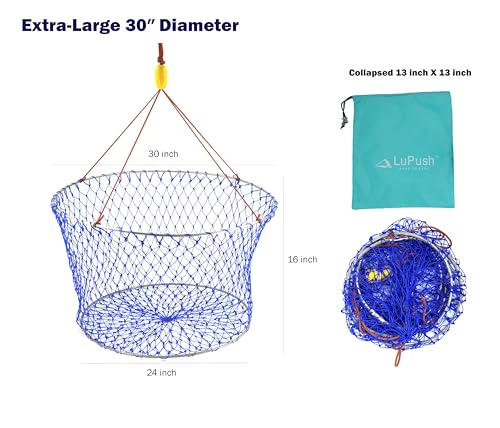 Stainless Collapsible Crab Net with 100ft Rope, Bait Bag, Clip & Ruler – 6 Pieces Portable Crab Trap for Easy Storage – Durable Grid Design for Dock & Pier Crabbing - size: 30 inch
