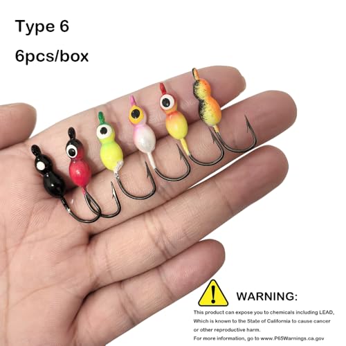 Ice Fishing Jigs Glow Fishing Bait Jigging Hook Kit Winter Metal Hooks for Crappie, Panfish, Walleye, Bluegills and Other Species - style: Style6-6pcs