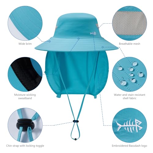 BASSDASH UPF 50+ Breathable Sun Hat with Removable Face Cover and Neck Flap Wide Brim Bucket Hat for Fishing Hiking Men Women - color: Light Blue