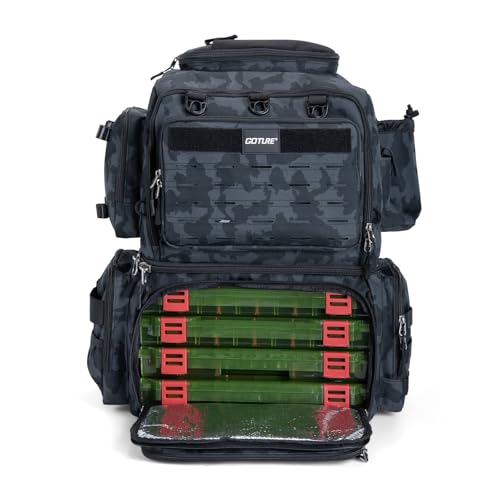 Goture Fishing Backpack with 4 Tackle Boxes, 53L 600D Water-Resistant Tackle Backpack with Cooler,Rod Holders, 8 Lure Pockets, Rain Cover, Large Fishing Bag Storage Gear Tackle Bag for Camping Hiking - color: C4:53l Insulated Camo(with 4 3600 Tackle Boxes