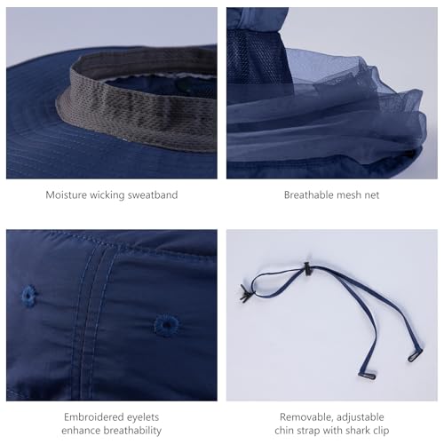 BASSDASH UPF 50+ Mosquito Sun Hat with Hidden Head Net and Neck Flap for Men Women Outdoor Fishing Hiking Camping - color: Navy Blue