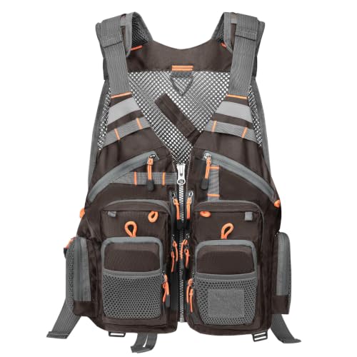 Gonex Fly Fishing Vest for Men Women, Comfortable Adjustable Fishing Vest with Multi-Pockets Reflective Stripes - color: Dark Brown