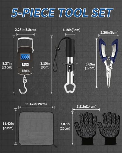 Fishing Tool Kit - Fishing Pliers, Hook Remover, Fish Gripper,Fish Scale, Fish Knife, Saltwater Fishing Gear with Sharpeners, Best Gifts for Men - color: Blue with Scale