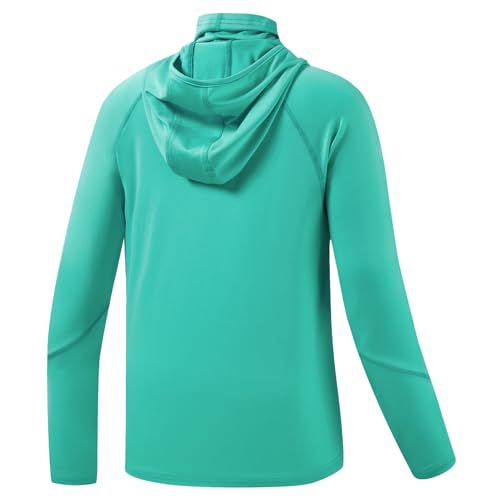 BASSDASH Youth UPF 50+ Hooded Shirts with Mask UV Neck Gaiter Sun Protection Long Sleeve T Shirt for Fishing Swim - color: Aqua Green, size: Small