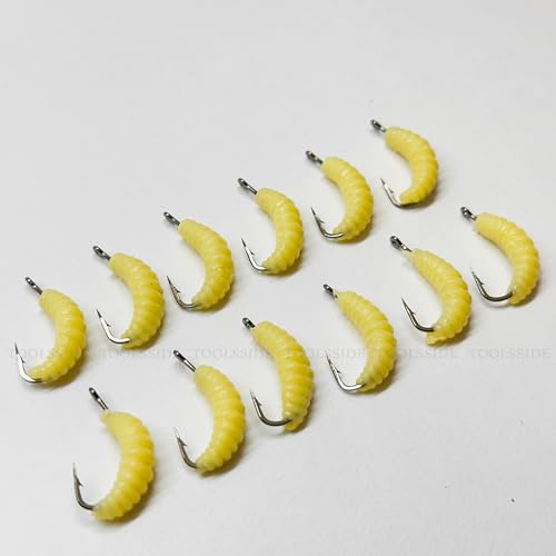 Rubber Maggots Fishing Bait #10 - Crappie Jigs, Fishing Maggots, Bulk Fishing Grubs for Trout, Crappie, Pan Fish, Bluegill, Fresh Water Fishing Lures Set (12 Hooks and 12 Worms)