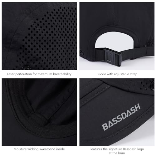 BASSDASH UPF 50+ Foldable Fishing Hat Baseball Cap with Removable Neck Flap Portable for Men Women Golf Hiking - color: Black With Foldable Brim