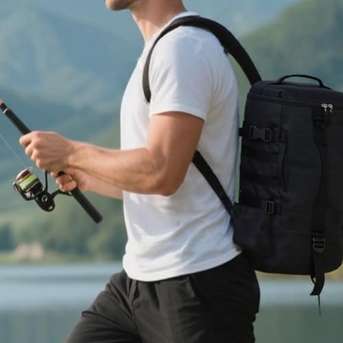 Fishing Tackle Backpack with Rod & Bottle Holder, Lightweight Outdoor Water-Resistant Fishing Gear Shoulder Storage Bag (Black) - color: Black3