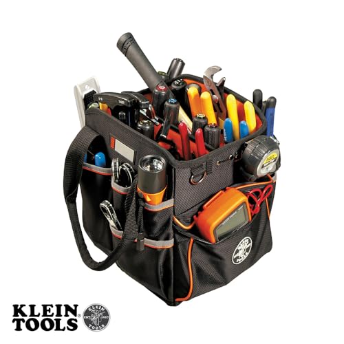 Klein Tools 5541610-14 Tool Bag with Shoulder Strap Has 40 Pockets for Tool Storage and Orange Interior - size: 10-Inch Tote
