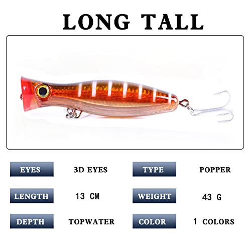 Popper Fishing Lure, JAZALIC Topwater Popper Lures 3D Eyes Fishing Accessories for Saltwater Surface Casting and Freshwater Surface Fishing, Gt Tuna Kingfish Large Predator Fish (5.11in, 1.48Oz) - color: red
