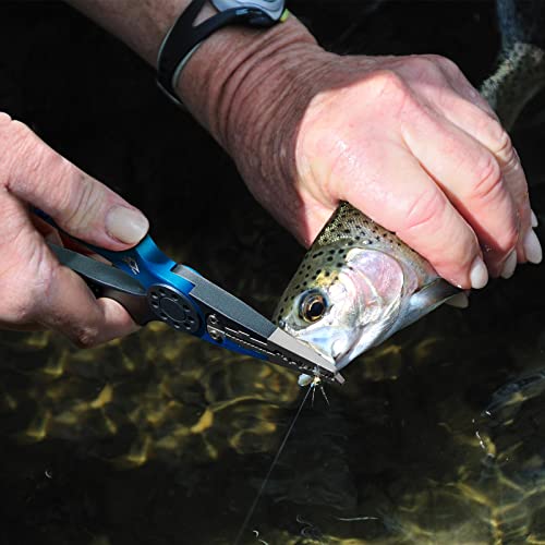Piscifun Saltwater Fishing Pliers, Aluminum, Split Ring, Braid Cutter | Hook remover, tungsten carbide blade, spring-loaded jaws, ergonomic grip, sheath and lanyard - color: Blue, style: Nylon Sheath