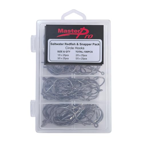 MASTERPRO Saltwater Redfish & Snapper Pack Circle Hooks with Holes, High-Carbon Steel Barbed 1/0 2/0 3/0 5/0 100pcs Portable Boxed Powerful Fishing Hooks