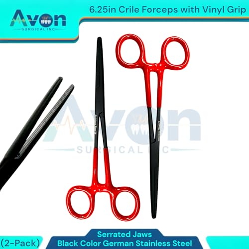 6.25" Multi-Purpose Hemostat Forceps Pliers, Locking, Red Vinyl Grip Handle, Black, German Stainless Steel | Fishing Pliers, Fish Hook Removing, Crafts, Electronics (Set of 2)