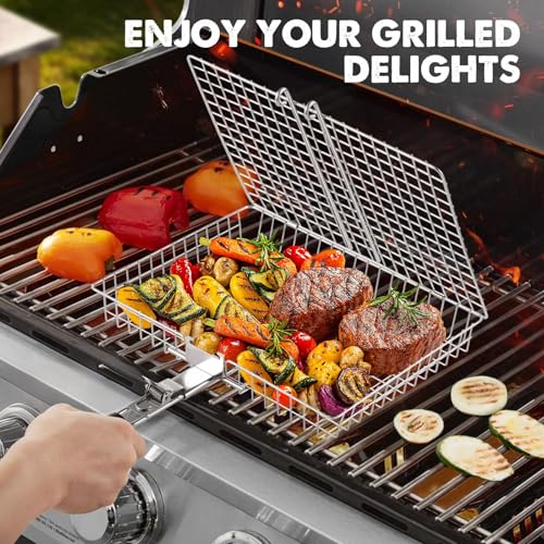 Nesting Grill Baskets, 2pcs Grilling Baskets for Outdoor with Removable Handle, Stainless Steel BBQ Camping Cooking Accessories Tools for Fish, Vegetable, Shrimp - Gifts for Men Dad Husband