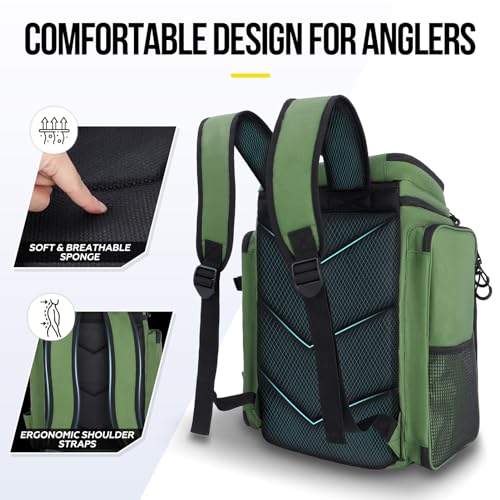 PLUSINNO Fishing Backpack with Rod Holders 4 Tackle Boxes, 42L Large Water-Resistant Fish Tackle Bag Store Fishing Gear, Camping, Hiking Gifts for Men Father, Green - color: Green