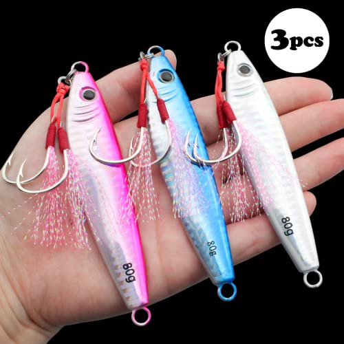 Fishing Jigs Vertical Saltwater Jigs Vertical Jigging Spoon Fishing Tuna Lures Boat Fishing Artificial Lures for Tuna, Grouper, Dogtooth, Snapper, Bass, Salmon/60g, 80g,120g - color: 3pcs-white&blue&red