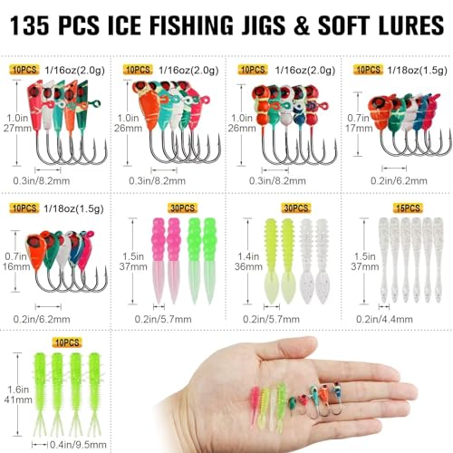 Dovesun Fishing Kit Ice Fishing Jigs Ice Fishing Lures Walleye Fishing Lures Crappie Jigs 135pcs/58pcs/45pcs/34pcs/30pcs/8pcs - color: H-Ice fishing jigs & lure 135pcs