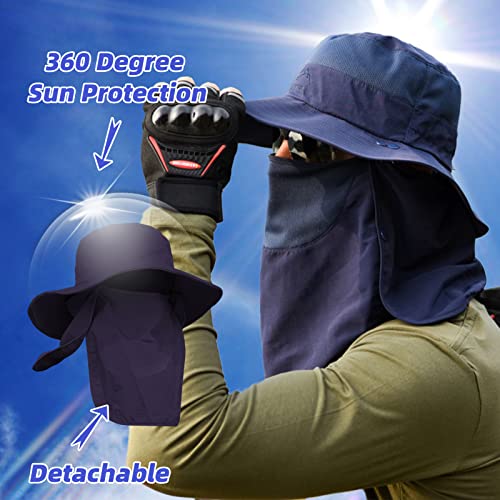 Fishing Hat for Men Sun Protection Hat with Removable Mesh Face Neck Flap Cover Windproof Strap for Men and Women - color: Navy Blue