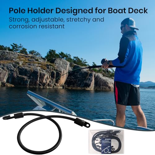 Pristis 4 pcs 18'' High Strength Rod Straps for Boat, Elastic Durable Deck Mount Fishing Rod Tamer, Strong Rubber Bass Pole Keeper Adjustable Tie Down Saver with Stainless Screws for Kayak Trunk Bed