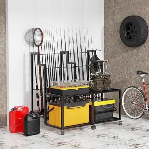 Miratino Fishing Rod Holders for Garage, 24 Rod Fishing Pole Rack Cart with Wheels, Fishing Rod Storage Organizer with Shelves, Rolling Tackle Storage Rack for Fishing Gear, Garage Basement Shed