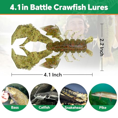 4.1" Crawfish Lure for Bass Fishing, Soft Plastic Craw Bait Kit with Removable Rattles & Jig Head, Reusable Bait Box for Freshwater Bass - color: blue+red+green