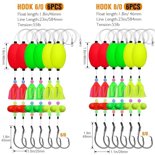 Dovesun Pre-Tied Catfish Rig System, 23 Inch 55LB Santee Cooper Catfish Float Rig with Adjustable EVA Slip Float and High Carbon Circle Hooks 5/0 6/0 8/0, Ready-to-Fish for River and Bank Fishing - color: Oval Float-Propeller Rattle-8/0 Hook * 6PCS