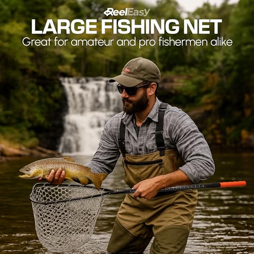 Large Fishing Net with Extendable Telescopic Handle – Foldable, Lightweight Landing Net with Built-in Size Measurement – for Freshwater, Saltwater, and Beach Fishing