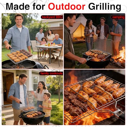 Grill Basket Set – Stainless Steel Folding BBQ Basket with Basting Brush & Heat-Resistant Gloves, Portable Outdoor Rack for Fish, Vegetables, Shrimp, Gift for Dad, Husband, Friends