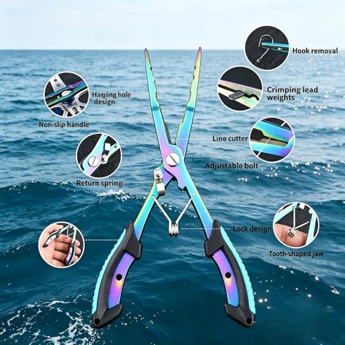 8.27" Fishing Pliers Saltwater, Multi-Function Hook Remover Tongs with Lanyard & Bag, Stainless Steel Fish Gripper for Tackle Box Accessories - color: Colorful