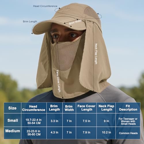 Surblue Neck Face Flap Outdoor Cap UV Protection Sun Hats Fishing Hat Quick-Drying UPF50+ - color: Khaki, size: Small